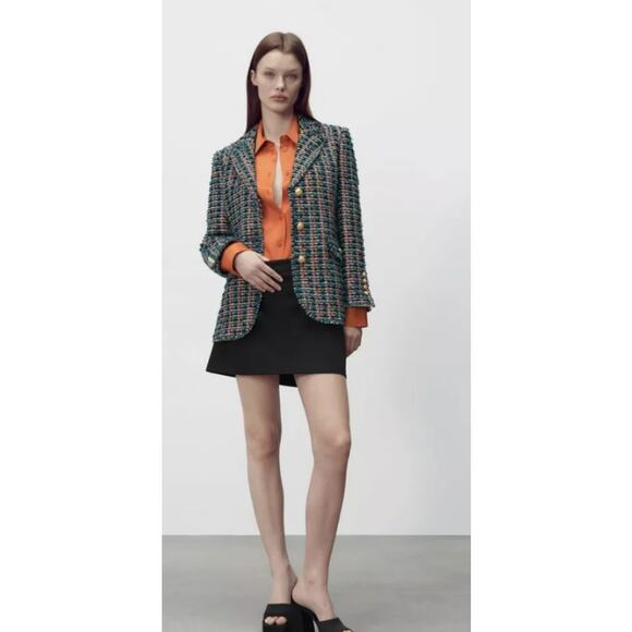 ZARA Tweed Textured Fitted Blazer Multicolor Frayed Trim Gold Button Women's XS - Picture 6 of 14